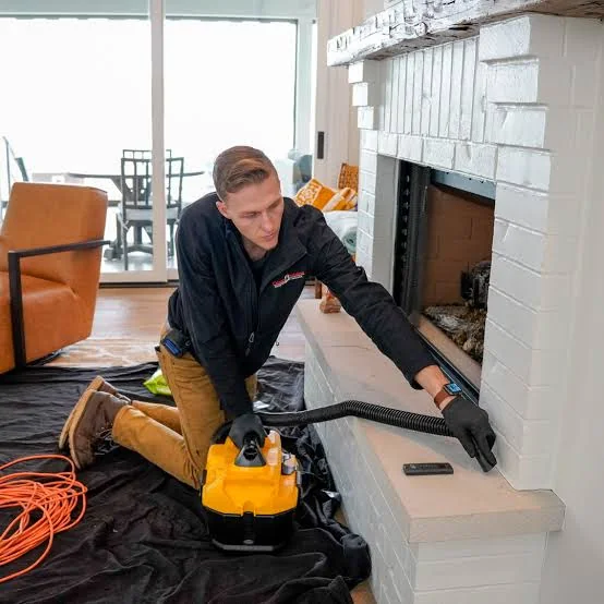 Technician vacuuming a residential fireplace with protective floor coverings