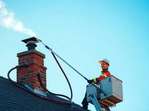 Technician servicing a chimney from an elevated work platform