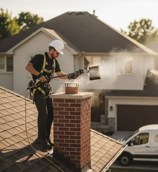 Harnessed chimney technician brushing a residential flue