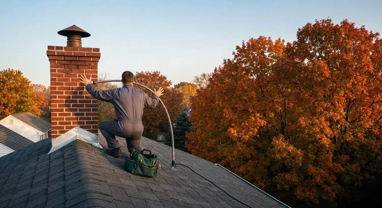 Chimney sweep servicing a residential brick chimney from the rooftop