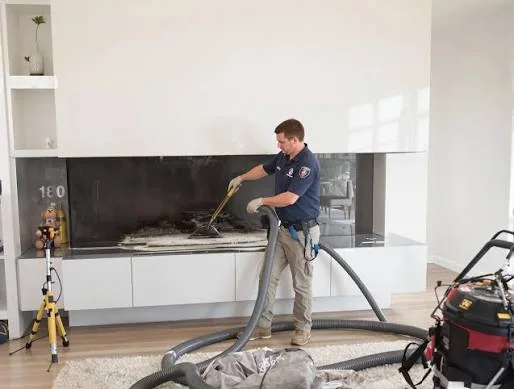 Technician cleaning a wide modern residential fireplace